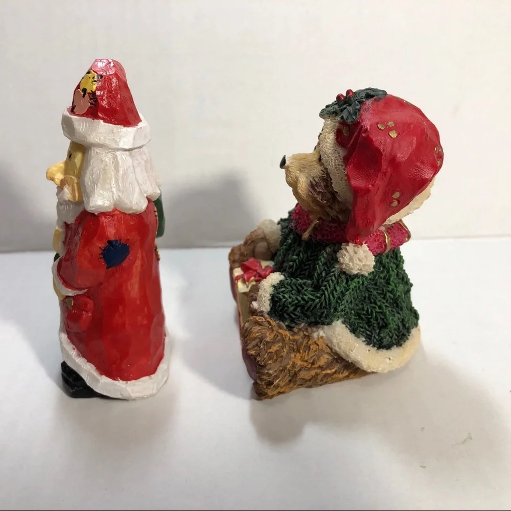 Christmas Santa and Bear in Hat with Present Tabletop Figurines